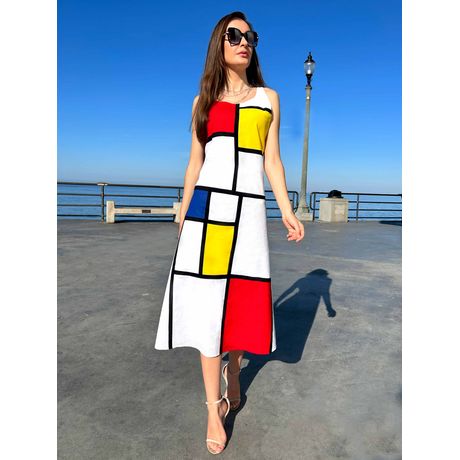 MELODY CALIFORNIA COLORS MONDRIAN HAND WOVEN COTTON PATCHWORK DRESS