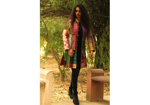 HADREY PATOLA SILK PATCHWORK KANTHA LONG JACKET