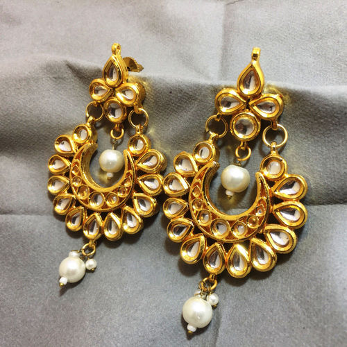 White With Gold color Meenakari Kundan Chandbali Designer Earring