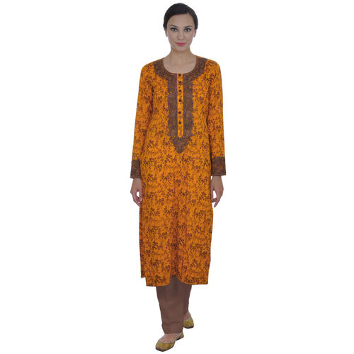 Orange-Brown Floral Print Signature Embroidered Kurta