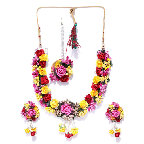 Pink and Yellow Floral Haldi Mehandi Wedding Bridal Necklace
