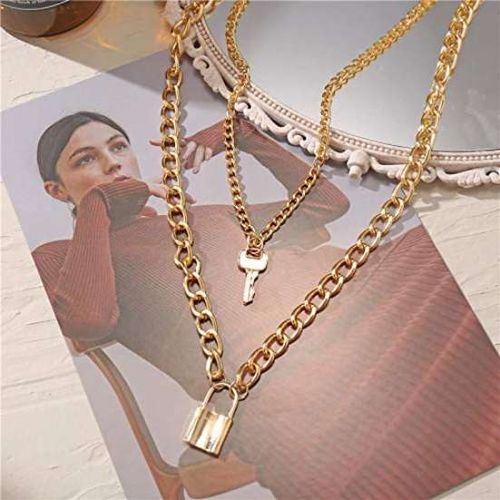 Golden Plated Layered Lock & Key Chain Necklace