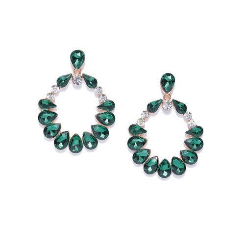 Platinum plated drop earrings with an emerald green stone top and emerald  green and white cubic zirconia stones 