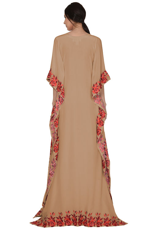 Camel Beige Floral Embroidered Kaftan Gown