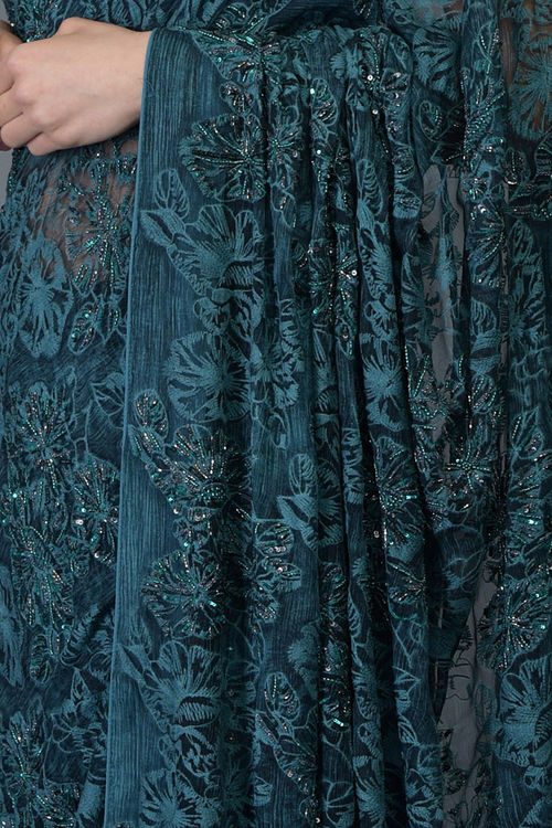 Teal Blue Cut Dana and Beads Hand Embroidered Saree