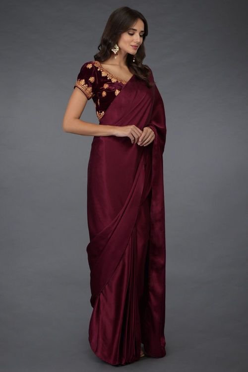 Burgundy Stitched Saree with Kashmiri Tilla Embroidered Blouse