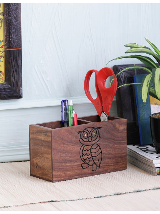 Sheesham Wood Wise Owl Pen Holder Cum Desk Organiser Vcitd011