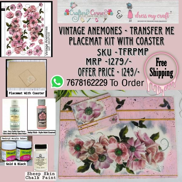 Vintage Anemones - Transfer Me Placemat Kit With Coaster