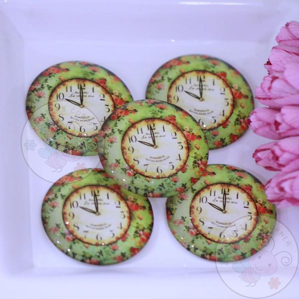 Round Glass Cabochon - Green Floral Clock