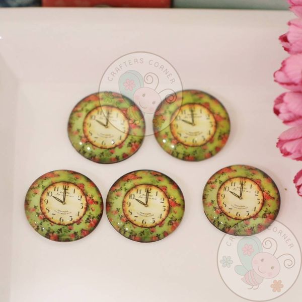 Small Round Glass Cabochon - Green Floral Clock