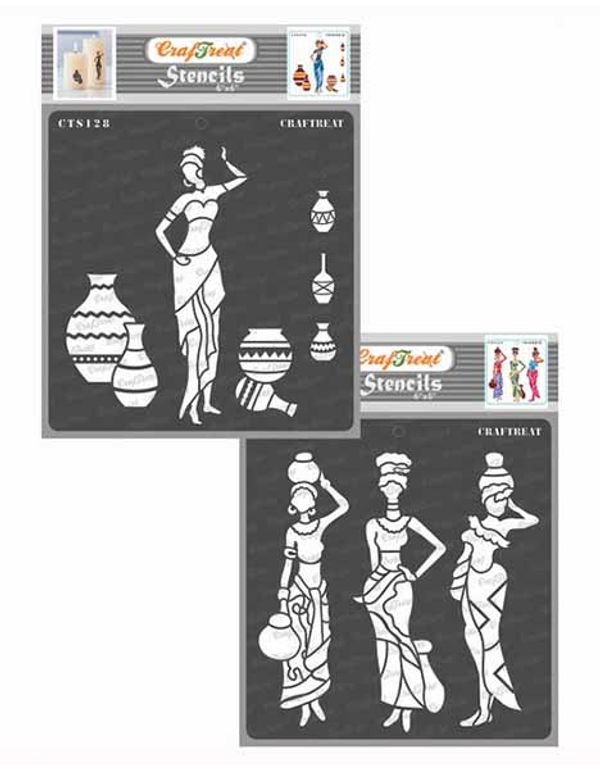 CrafTreat Tribal Wall Stencils for Painting Large Pattern Tribal Stencils for Painting Walls Reusable DIY Art and Craft Stencils Pose with Pot 2-12x12 Inches African Tribal Stencil 
