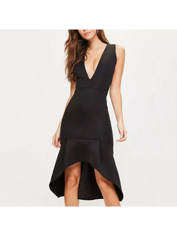 black v neck ruffle dress