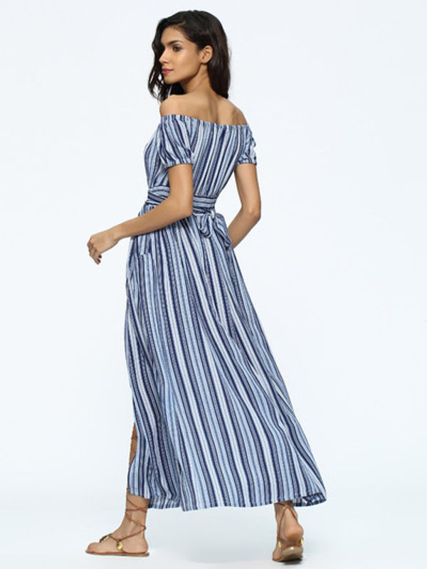 Summer Boat Neck Stripe Slit Long Maxi Dress | Ssw7ntfj041441