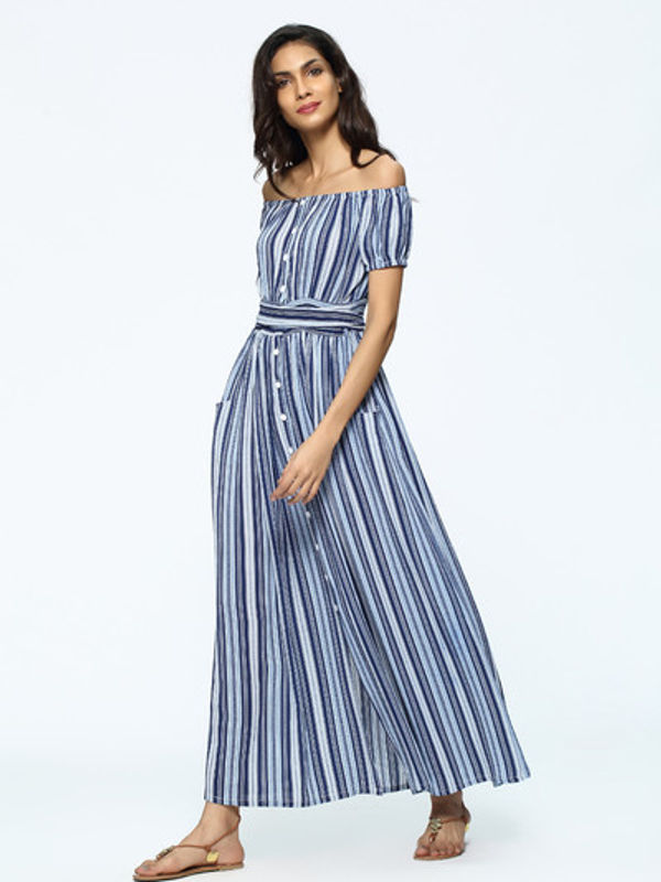 Summer Boat Neck Stripe Slit Long Maxi Dress | Ssw7ntfj041441