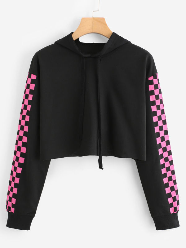 contrast checked sleeve crop hoodie