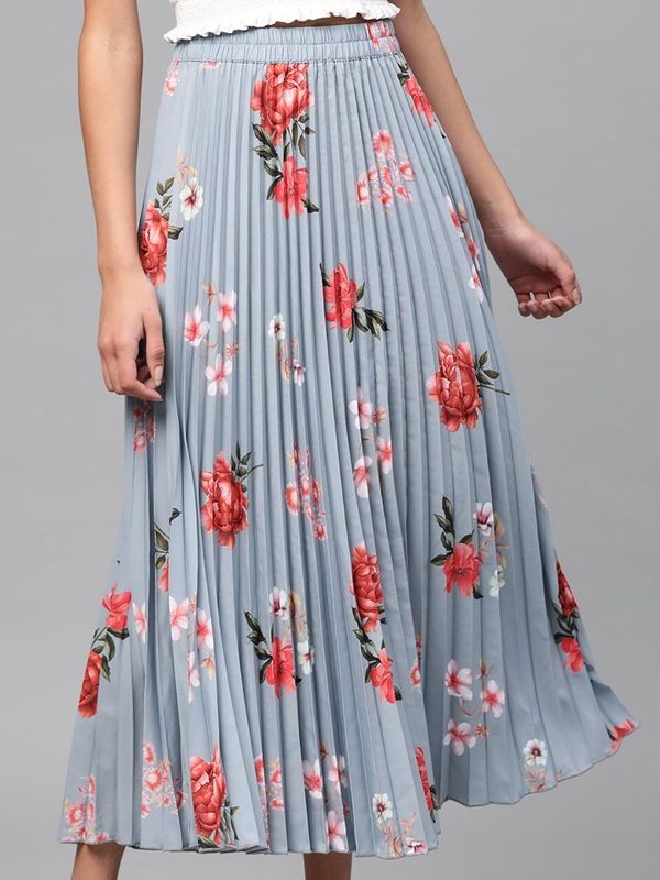 red pleated maxi skirt floral