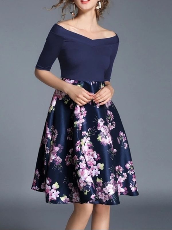 Classy Off Shoulder Flare Floral Half Sleeve Knee Length Dress