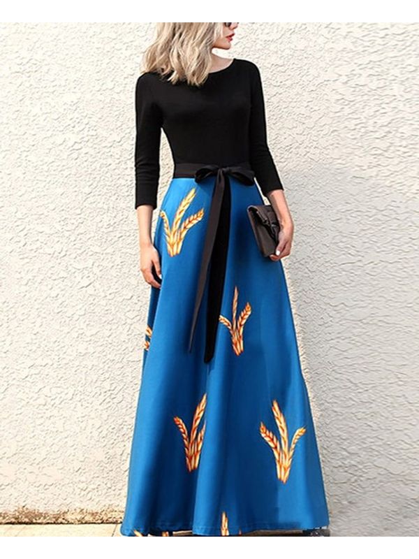 Fresh Contrast Full Sleeve With Floral Blue Long Maxi Dress