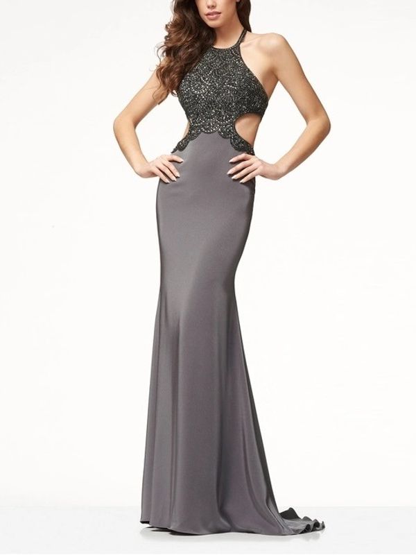 Grey Sexy Backless Halter Party Evening Maxi Dress