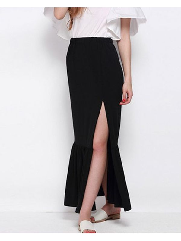 Solid Black Slit Long Skirt | Ssaw976j833