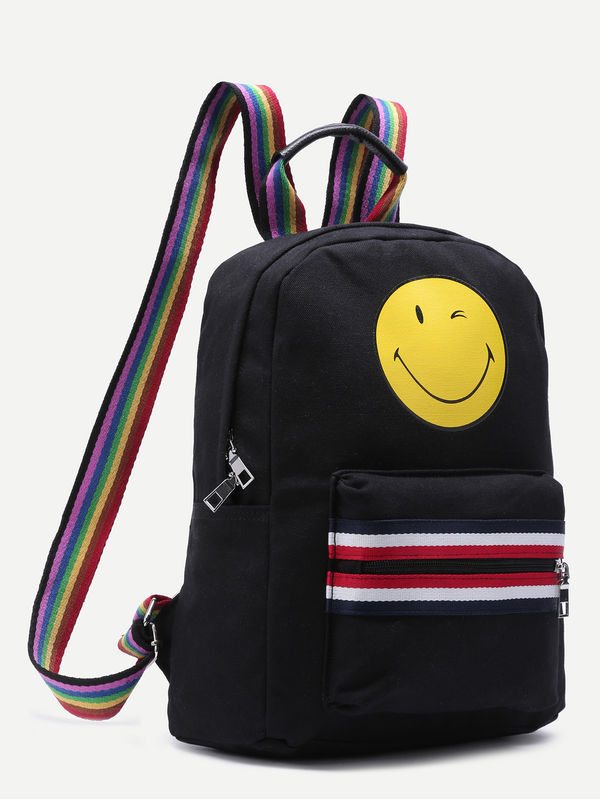 Smiley Zip Front Canvas Backpack With Rainbow Strap | Ssrwbag161104304