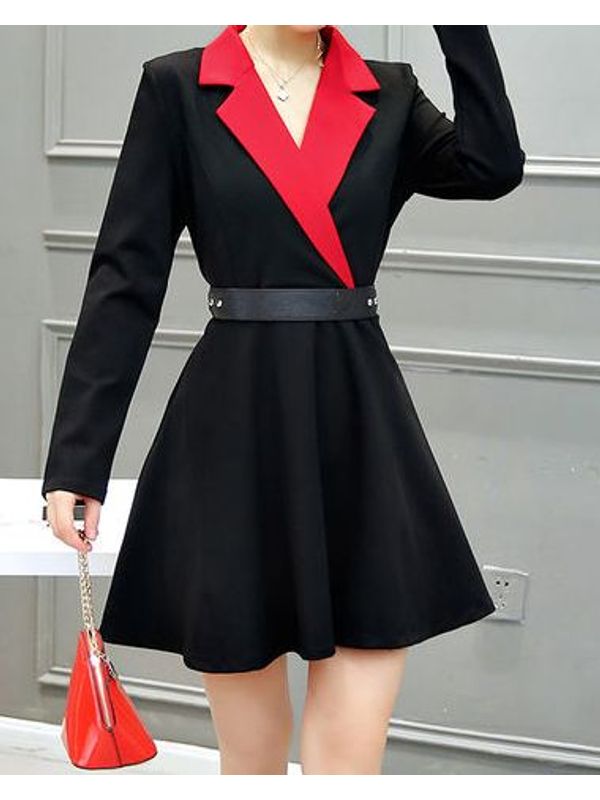 Color Block V Neck Lapel Collar Dress Ssw7ntzk101553 