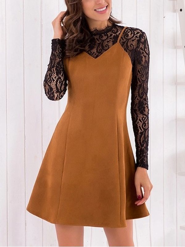 One Piece Lace With Suede Chic A Line Dress