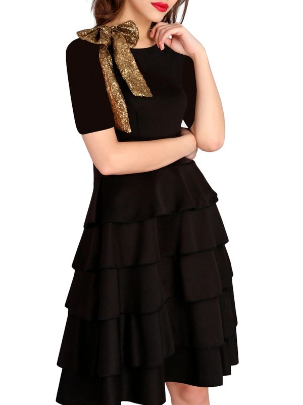 Stylish Golden Bow Black Layered Dress Knee Length