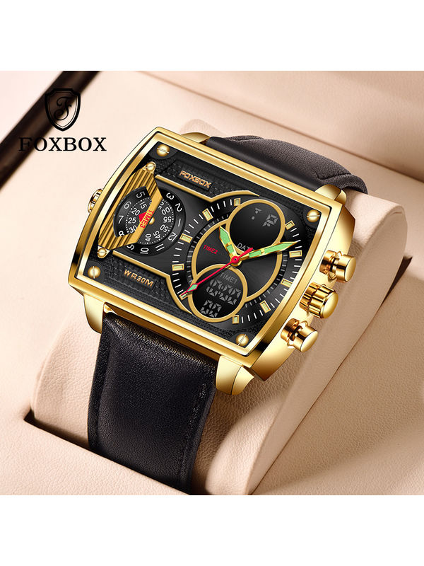 OVERFLY FOXBOX 3 Time Zones Analog Digital Luxury Chronograph Watch for Men - Black Gold