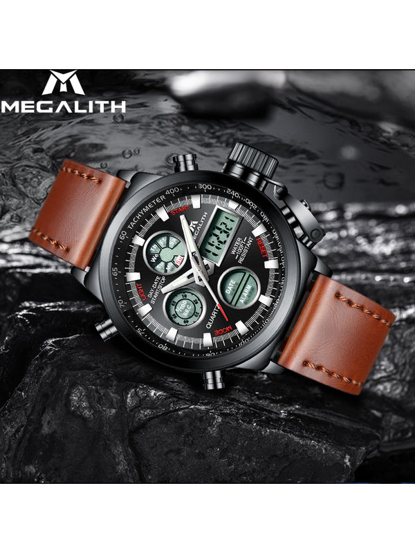 OVERFLY Megalith Analog-Digital Chronograph Sports Leather Strap Watch For-Men 3003