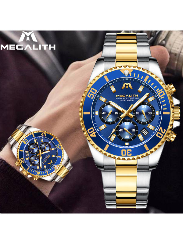 Amazon.com: MEGALITH Mens Watch 43mm Chronograph Quartz Watches for Men  Stainless Steel Designer Moon Phase Mens Wrist Watches Waterproof Luminous  Watch with Date, Gifts for Men - Black Gold : Clothing, Shoes