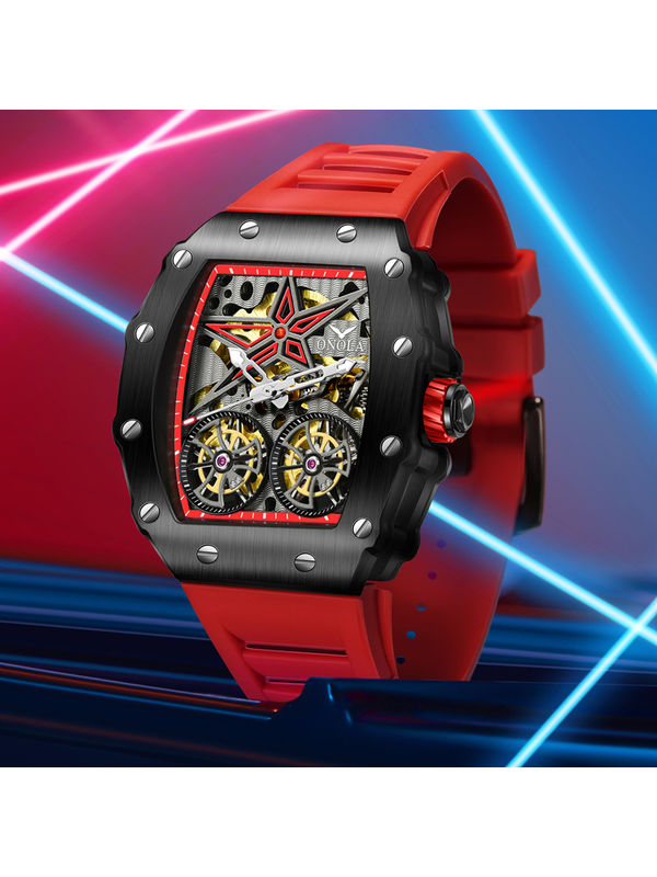 OVERFLY Onola Double Tourbillon Automatic Skeleton Mechanical Flywheel Unique  Dial Luxury Men's Watch - 6828-BLK-RED