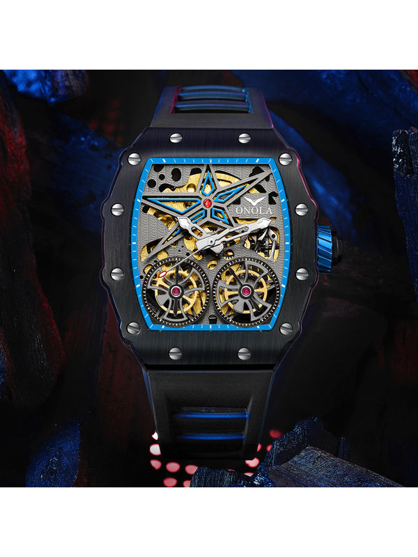 OVERFLY Onola Double Tourbillon Automatic Skeleton Mechanical Flywheel Unique  Dial Luxury Men's Watch (NOW IN INDIA)6828-Black-Blue