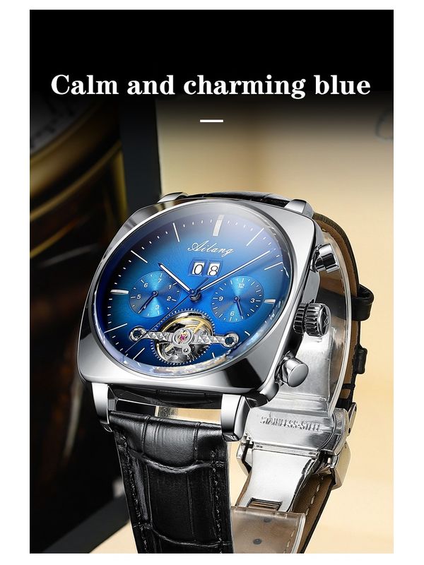 OVERFLY AILANG Automatic Mechanical Luxury Multifunction Mens Watch With Blue Silver Dial & Black strap-8655-Brown