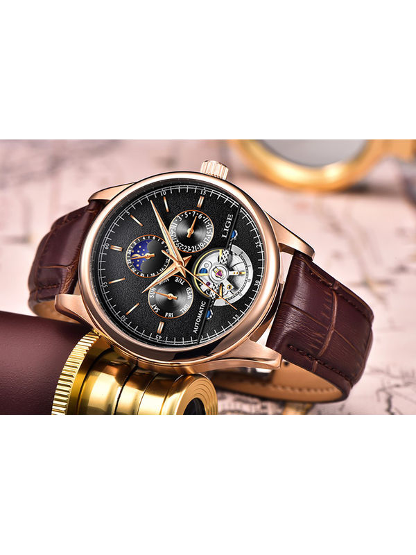 OVERFLY LIGE Automatic Mechanical Multifunction Luxury Men's Watch(NOW IN INDIA)-Brown-Black