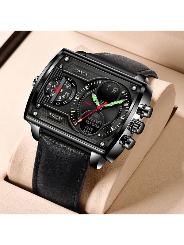 OVERFLY FOXBOX 3 Time Zones Analog Digital Luxury Chronograph Watch for Men - Black