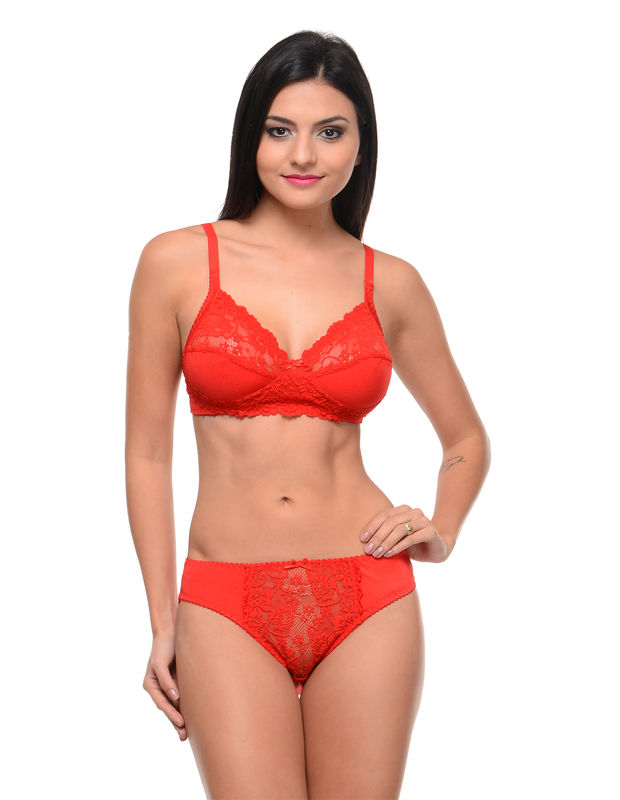 Red Seamless Underwired Lace Bra Panty Set