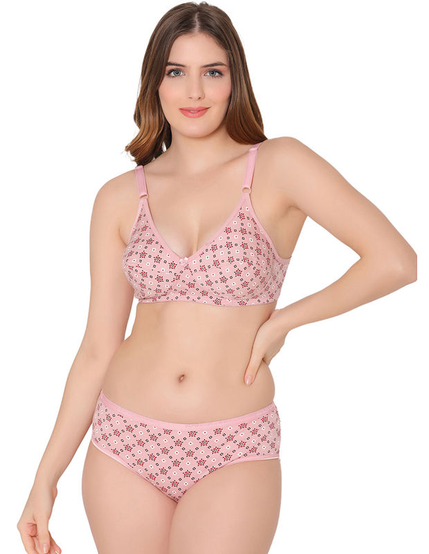 Bodycare women combed cotton printed pink bra & panty set-6448PI