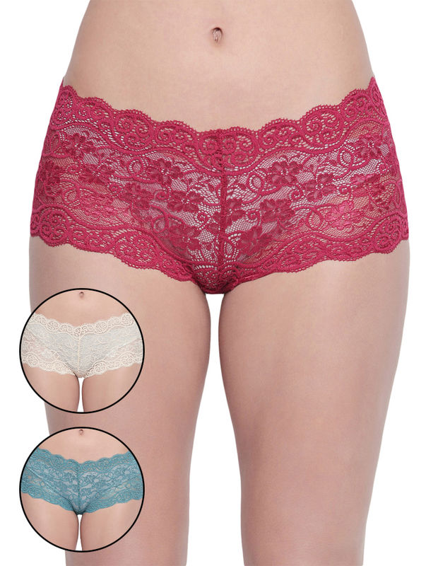 BODYCARE Pack of 3 Floral Lacy Hipster Briefs in Assorted Color-8013