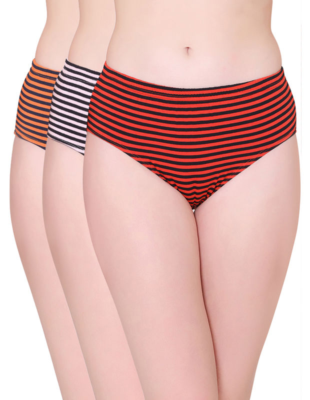 Bodycare Womens Cotton Spandex Assorted Striped High Cut Briefs-Pack of 3  (E-8705-3Pcs)