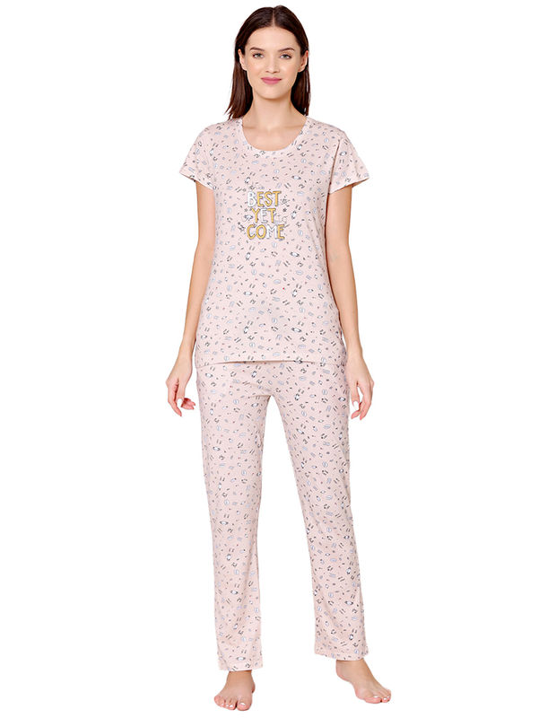 Bodycare Womens Combed Cotton Printed Tshirt & Pyjama Set-BSLS12008