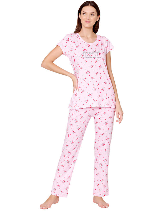Bodycare Womens Combed Cotton Printed Tshirt & Pyjama Set-BSLS12009
