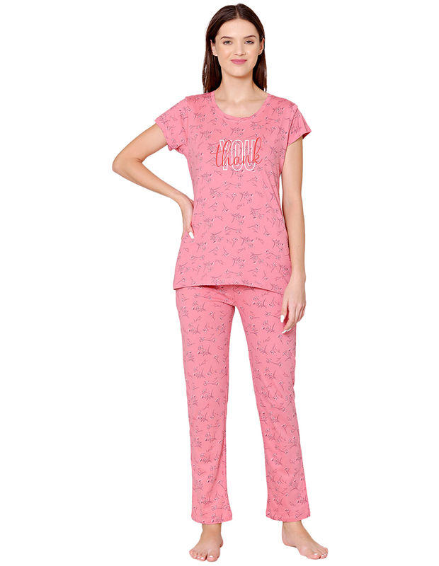 Bodycare Womens Combed Cotton Printed Tshirt & Pyjama Set-BSLS12010