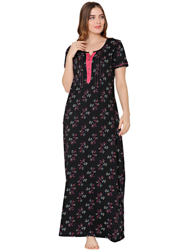 Bodycare Womens Combed Cotton Round Neck Printed Long Night Dress-BSN10004