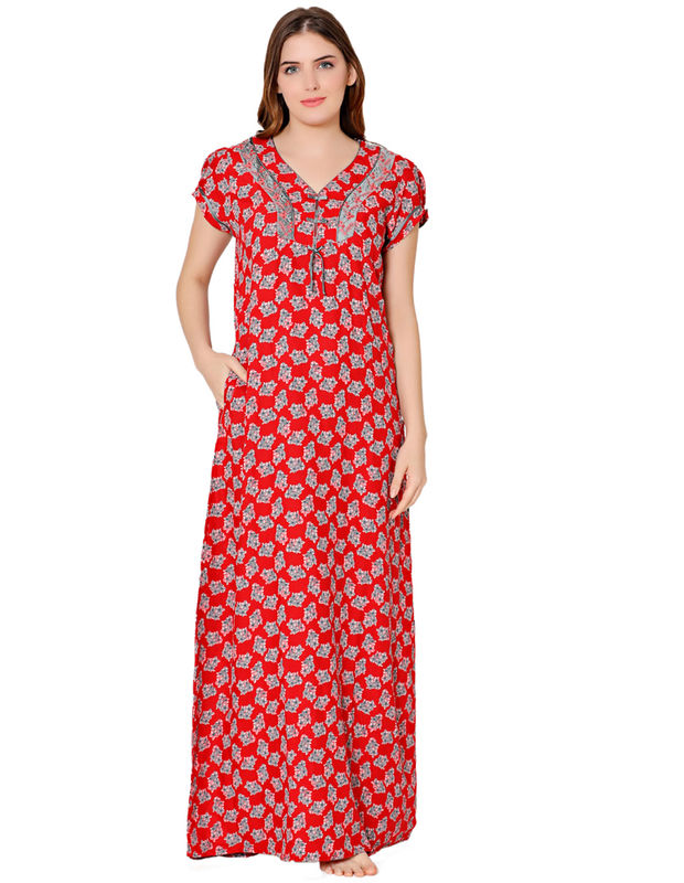 Bodycare Womens Polycotton V Neck Printed Long Night Dress-BSN2007B