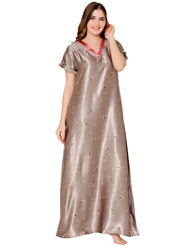 Bodycare Womens Satin V Neck Printed Long Night Dress-BSN6001A