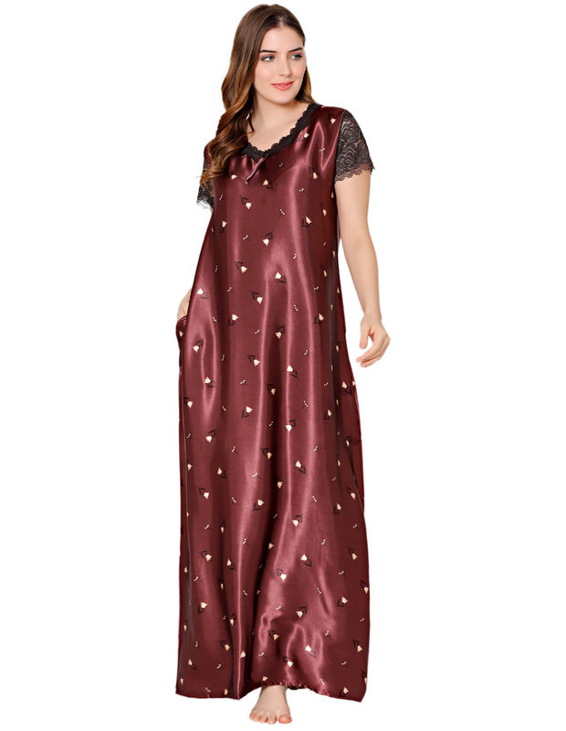 Bodycare Womens Satin V Neck Printed Long Night Dress-BSN6004A