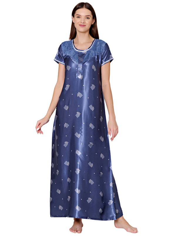 Bodycare Womens Satin Round Neck Printed Long Night Dress-BSN6007B