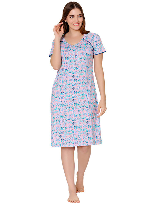 Bodycare Womens Combed Cotton Round Neck Printed Short Night Dress-BSN9011