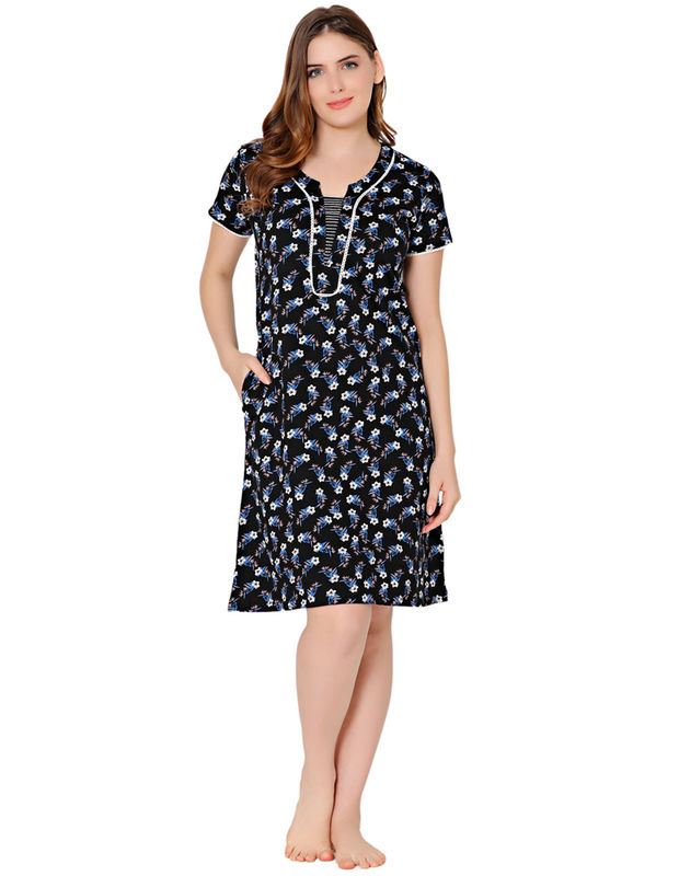 Bodycare Womens Combed Cotton Round Neck Printed Short Night Dress-BSN9012